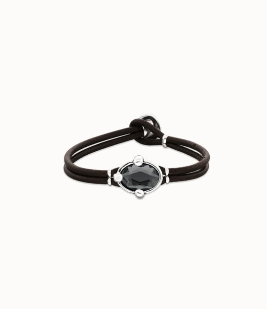 Pulsera de cuero y baño en plata con cristal facetado ovalado negro